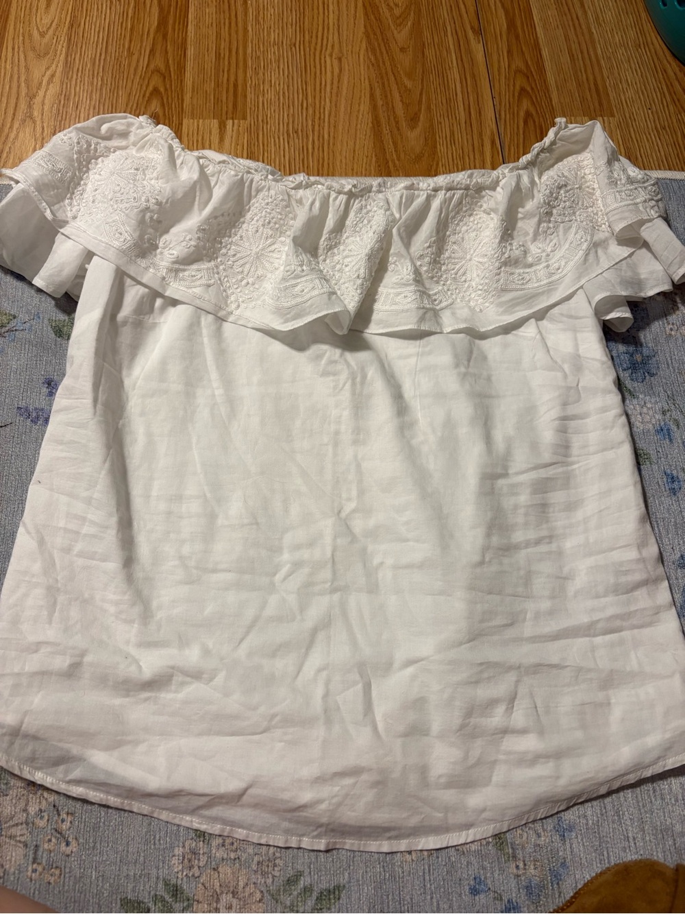 Ralph Lauren White Off-Shoulder Embroidered Ruffle Top